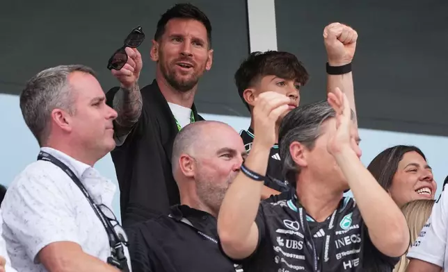 Lionel Messi watches the of the Miami Formula One Grand Prix auto race, Sunday, May 3, 2026, in Miami Gardens, Fla. (AP Photo/Rebecca Blackwell, Pool)