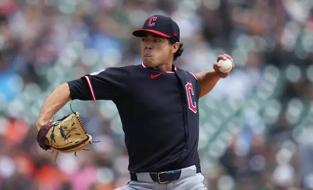 Cleveland Guardians pitcher Joey Cantillo throws against the Detroit Tigers during the first inning of a baseball game Thursday, May 21, 2026, in Detroit. (AP Photo/Paul Sancya)