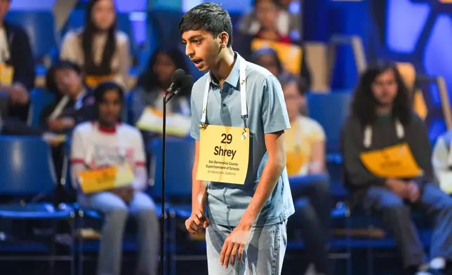 Shrey Parikh, 14, of Rancho Cucamonga, Calif., competes during the first preliminary round of the Scripps National Spelling Bee, Tuesday, May 26, 2026, in Washington. (AP Photo/Allison Robbert)