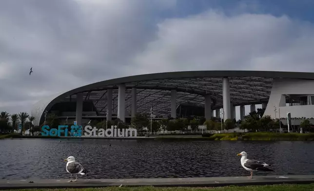 Seagulls rest by the lake outside SoFi Stadium in Inglewood, Calif., May 8, 2026. (AP Photo/Jae C. Hong)
