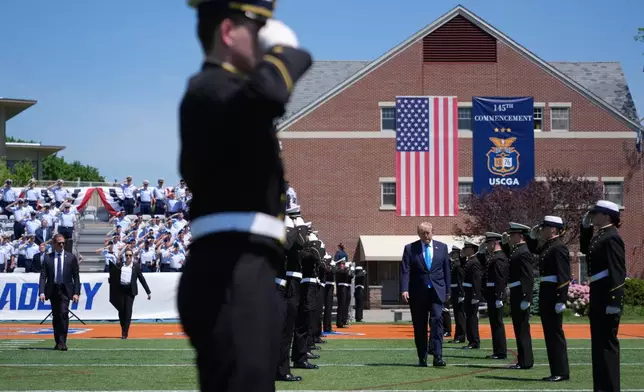 President Donald Trump arrives for the commencement address at the U.S. Coast Guard Academy, in New London, Conn., Wednesday, May 20, 2026. (AP Photo/Jacquelyn Martin)
