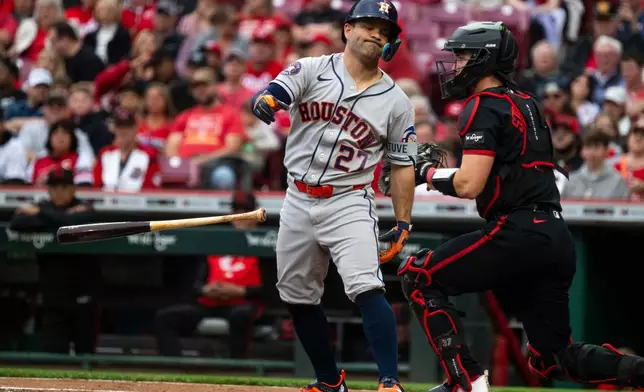 Houston Astros' Jose Altuve (27) reacts after striking out in the third inning of a baseball game against the Cincinnati Reds, Friday, May 8, 2026, in Cincinnati. (AP Photo/Michael Swensen)