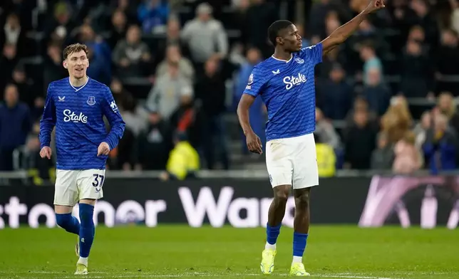 Everton's Thierno Barry celebrates after scoring during the Premier League soccer match between Manchester City and Everton in Liverpool, England, Monday, May 4, 2026. (AP Photo/Dave Thompson)