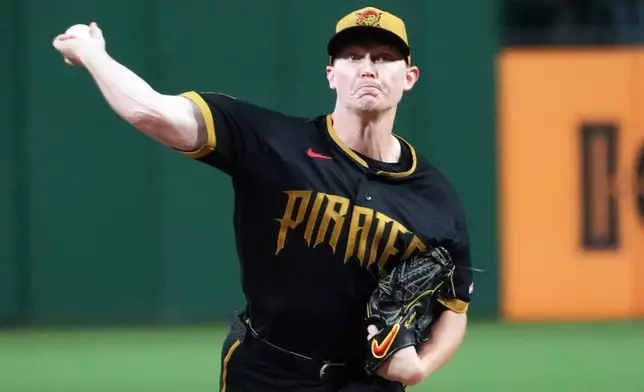 Pittsburgh Pirates pitcher Mitch Keller delivers against the Cincinnati Reds in the first inning of a baseball game in Pittsburgh, Friday, May 1, 2026. (AP Photo/Tom E. Puskar)