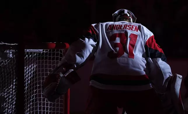 Carolina Hurricanes' Frederik Andersen warms up before the second period of Game 4 in a second-round NHL hockey Stanley Cup playoff series against the Philadelphia Flyers, Saturday, May 9, 2026, in Philadelphia. (AP Photo/Matt Slocum)