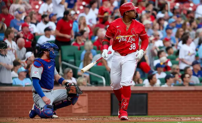 St. Louis Cardinals' Nelson Velázquez, right, watches his three-run home run ball during the first inning of a baseball game against the Chicago Cubs, Friday, May 29, 2026, in St. Louis. (AP Photo/Scott Kane)