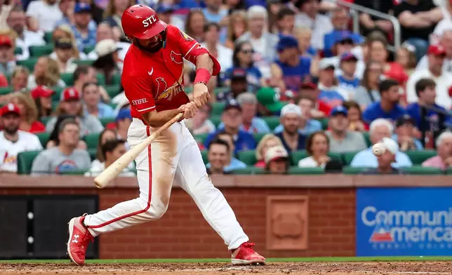 St. Louis Cardinals' Thomas Saggese hits a solo home run during the fourth inning of a baseball game against the Chicago Cubs, Friday, May 29, 2026, in St. Louis. (AP Photo/Scott Kane)