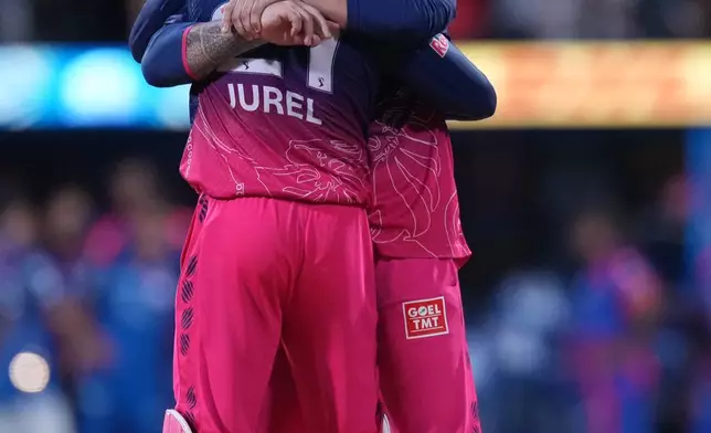 Rajasthan Royals' captain Riyan Parag, right, and Dhruv Jurel celebrates after their win in the Indian Premier League cricket match against Mumbai Indians in Mumbai, India, Sunday, May 24, 2026. (AP Photo/Ajit Solanki)