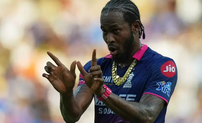 Rajasthan Royals' Jofra Archer gestures during the Indian Premier League cricket match between Mumbai Indians and Rajasthan Royals in Mumbai, India, Sunday, May 24, 2026. (AP Photo/Ajit Solanki)