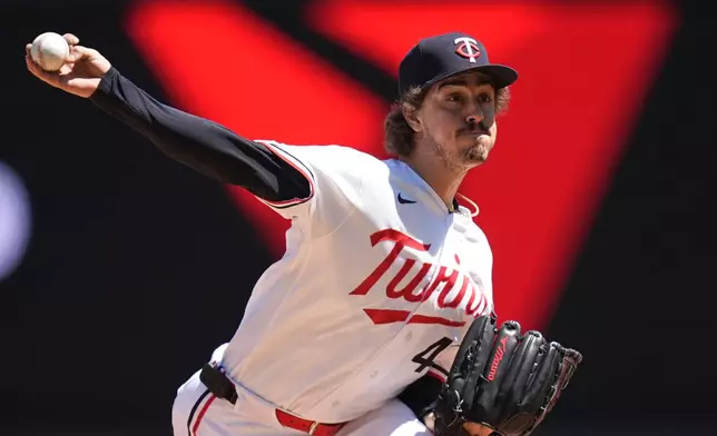 Minnesota Twins starting pitcher Joe Ryan (41) delivers during the first inning of a baseball game against the Houston Astros Wednesday, May 20, 2026, in Minneapolis. (AP Photo/Abbie Parr)