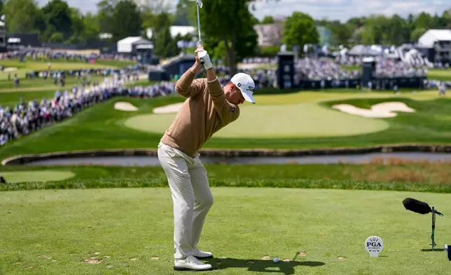 Justin Thomas hits from the eighth tee during the second round of the PGA Championship golf tournament at Aronimink Golf Club, Friday, May 15, 2026, in Newtown Square, PA. (AP Photo/Matt Slocum)