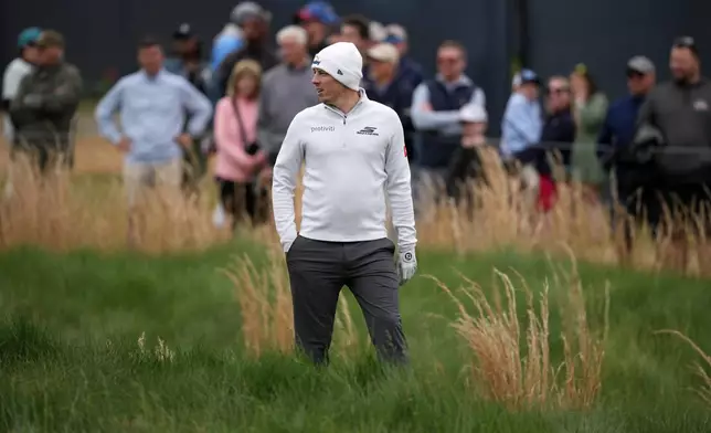 Matt Fitzpatrick walks down the ninth hole during practice before the PGA Championship golf tournament at the Aronimink Golf Club Monday, May 11, 2026, in Newtown Square, Pa. (AP Photo/Matt Slocum)