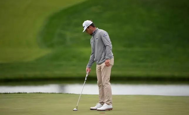 Michael Brennan practices on the 10th hole before the PGA Championship golf tournament at the Aronimink Golf Club Monday, May 11, 2026, in Newtown Square, Pa. (AP Photo/Matt Slocum)