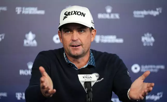 Keegan Bradley speaks during a news conference before the PGA Championship golf tournament at the Aronimink Golf Club Monday, May 11, 2026, in Newtown Square, Pa. (AP Photo/Matt Slocum)