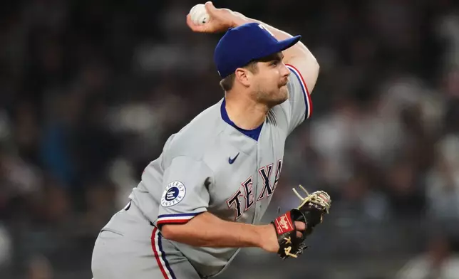 Texas Rangers' Jalen Beeks pitches during the seventh inning of a baseball game against the New York Yankees Tuesday, May 5, 2026, in New York. (AP Photo/Frank Franklin II)