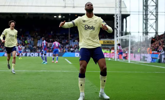 Everton's Beto celebrates scoring during the English Premier League soccer match between Crystal Palace and Everton in London, Sunday May 10, 2026. (Steven Paston/PA via AP)