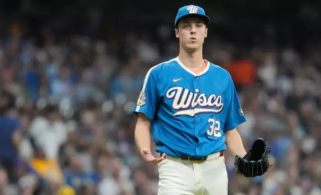 Milwaukee Brewers' Jacob Misiorowski reacts after being called for a balk during the third inning of a baseball game against the New York Yankees, Friday, May 8, 2026, in Milwaukee. (AP Photo/Aaron Gash)