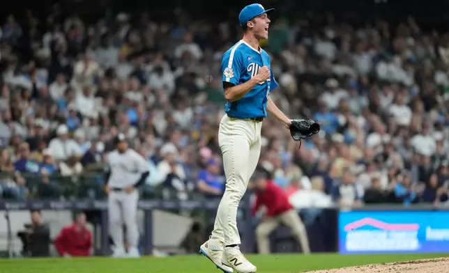 Milwaukee Brewers' Jacob Misiorowski reacts during the sixth inning of a baseball game against the New York Yankees, Friday, May 8, 2026, in Milwaukee. (AP Photo/Aaron Gash)