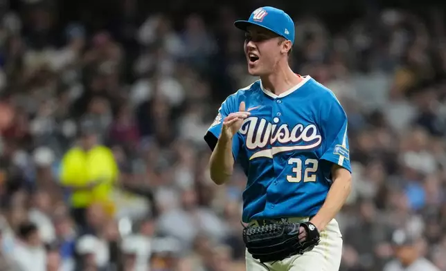 Milwaukee Brewers' Jacob Misiorowski reacts during the sixth inning of a baseball game against the New York Yankees, Friday, May 8, 2026, in Milwaukee. (AP Photo/Aaron Gash)