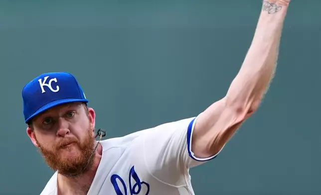 Kansas City Royals starting pitcher Bailey Falter throws during the first inning of baseball game against the New York Yankees, Tuesday, May 26, 2026, in Kansas City, Mo. (AP Photo/Charlie Riedel)