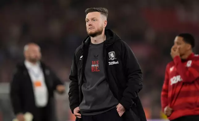 Middlesbrough manager Kim Hellberg reacts after the final whistle at the final whistle in the EFL Championship play off semifinal soccer game between Southampton and Middlesbrough, Tuesday, May 12, 2026, in, Southampton, England. (Andrew Matthews/PA via AP, File)