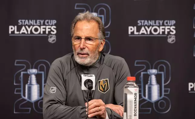 Vegas Golden Knights head coach John Tortorella speaks after the game win against the Utah Mammoth of Game 6 in the first round of an NHL hockey Stanley Cup playoff series, Friday, May 1, 2026, in Salt Lake City. (AP Photo/Melissa Majchrzak)