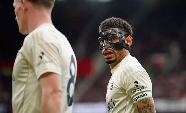 Nottingham Forest's Morgan Gibbs-White during the English Premier League soccer match between Manchester United and Nottingham Forest in Manchester, England, Sunday, May 17, 2026. (AP Photo/Dave Thompson)