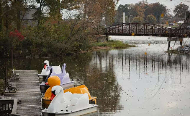 Pedal boats rest along a dock on the Coosa River on Nov. 19, 2025, in Gadsden, Ala. (Will McLelland/AL.com via AP)
