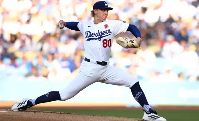 Los Angeles Dodgers pitcher Emmet Sheehan throws to a Colorado Rockies batter during the first inning of a baseball game, Monday, May 25, 2026, in Los Angeles. (AP Photo/Jessie Alcheh)