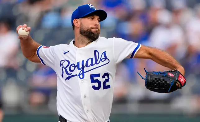 Kansas City Royals starting pitcher Michael Wacha throws during the first inning of a baseball game against the Cleveland Guardians, Monday, May 4, 2026, in Kansas City, Mo. (AP Photo/Charlie Riedel)