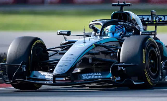 Mercedes driver George Russell of Britain, during the qualifying session for the sprint race at the F1 Canadian Grand Prix auto race in Montreal, Friday, May 22, 2026. (Christopher Katsarov/The Canadian Press via AP)