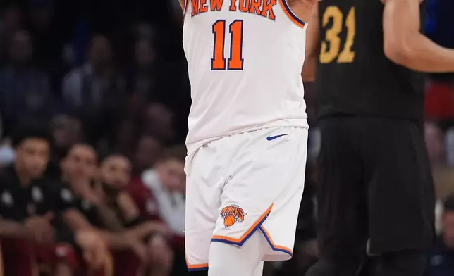 New York Knicks' Jalen Brunson reacts after a basket during the second half of Game 1 in the Eastern Conference finals NBA basketball playoffs series against the Cleveland Cavaliers, Tuesday, May 19, 2026, in New York. (AP Photo/Seth Wenig)