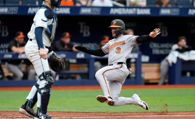 Baltimore Orioles' Taylor Ward (3) scores in front of Tampa Bay Rays catcher Hunter Feduccia on an RBI single by Pete Alonso during the third inning of a baseball game Wednesday, May 20, 2026, in St. Petersburg, Fla. (AP Photo/Chris O'Meara)