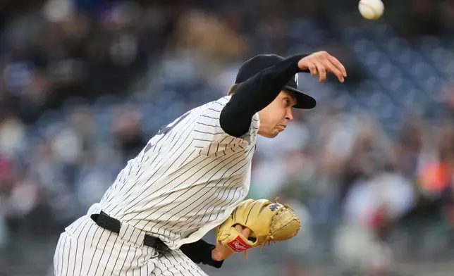 New York Yankees' Will Warren pitches dfirst inning of a baseball game against the Baltimore Orioles Friday, May 1, 2026, in New York. (AP Photo/Frank Franklin II)