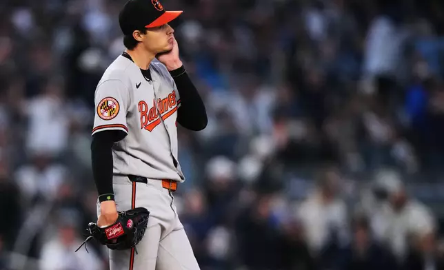 Baltimore Orioles' pitcher Cade Povich reacts after New York Yankees' Ben Rice hit a three-run home run during the second inning of a baseball game Friday, May 1, 2026, in New York. (AP Photo/Frank Franklin II)