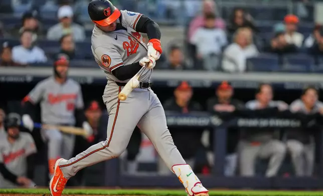 Baltimore Orioles' Pete Alonso hits a home run during the second inning of a baseball game against the New York Yankees Friday, May 1, 2026, in New York. (AP Photo/Frank Franklin II)