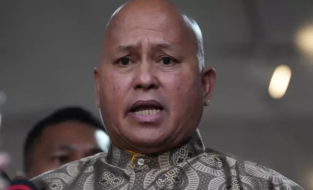 Philippine Senator Ronald dela Rosa speaks to reporters at the Philippine Senate in Pasay, Philippines on Wednesday, May 13, 2026. (AP Photo/Aaron Favila)