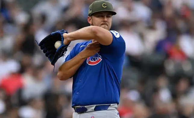 Chicago Cubs starting pitcher Jameson Taillon reacts after giving up a solo home run to Chicago White Sox's Colson Montgomery during the third inning of a baseball game in Chicago, Saturday, May 16, 2026. (AP Photo/Paul Beaty)