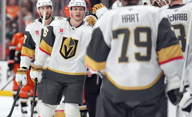 Vegas Golden Knights' Pavel Dorofeyev (16) celebrates his goal against the Anaheim Ducks during the first period of an NHL hockey game Sunday, May 10, 2026, in Anaheim, Calif. (AP Photo/Scott Strazzante)