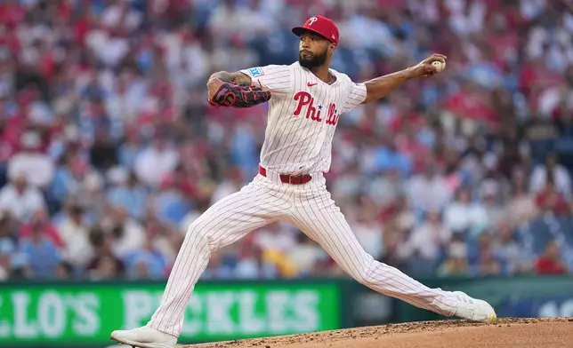 Philadelphia Phillies' Cristopher Sánchez pitches during the third inning of a baseball game against the Athletics, Tuesday, May 5, 2026, in Philadelphia. (AP Photo/Matt Rourke)