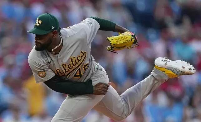 Athletics' Luis Severino pitches during the second inning of a baseball game against the Philadelphia Phillies, Tuesday, May 5, 2026, in Philadelphia. (AP Photo/Matt Rourke)