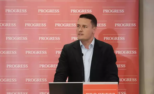 Wes Streeting speaks at the Progress Conference at Convene in London, Saturday May 16, 2026. (Jeff Moore/PA via AP)