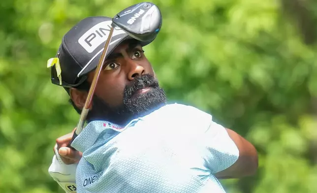 Sahith Theegala hits his tee shot on the eighth hole during the first round of the Canadian Open golf tournament in Caledon, Ontario, Thursday, June 11, 2026. (Nathan Denette/The Canadian Press via AP)