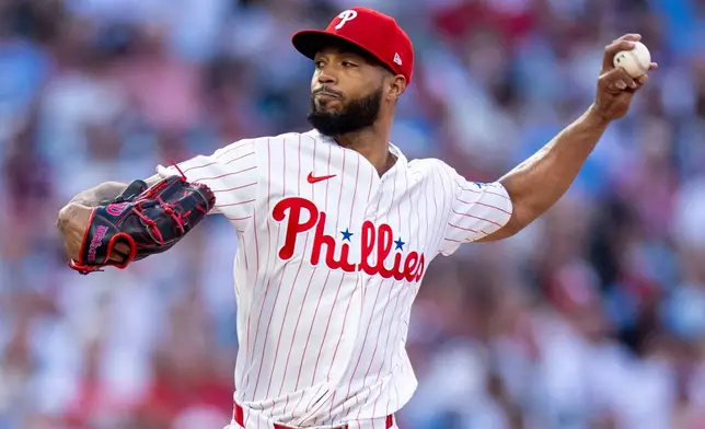 Philadelphia Phillies starting pitcher Cristopher Sanchez delivers during the second inning of a baseball game against the New York Mets, Saturday, June 20, 2026, in Philadelphia. (AP Photo/Chris Szagola)