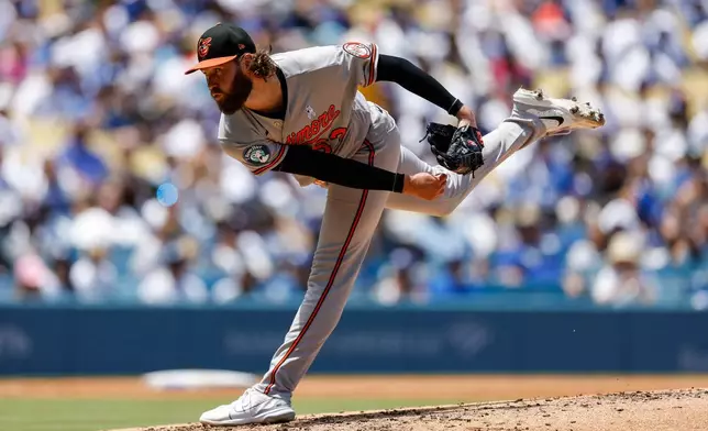 Baltimore Orioles starting pitcher Brandon Young (63) throws during the first inning of a baseball game against the Los Angeles Dodgers, Sunday, June 21, 2026, in Los Angeles. (AP Photo/Caroline Brehman)