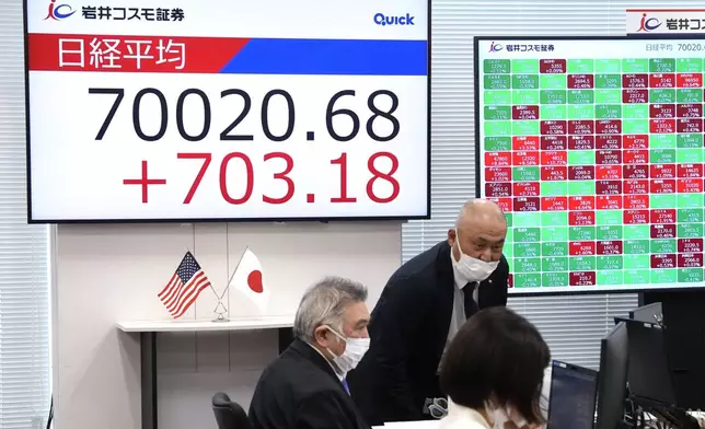 An electronic board, left, shows Nikkei index at a securities company in Tokyo Tuesday, June 16, 2026. (Shinji Kouchi/Kyodo News via AP)