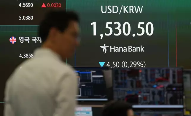 A dealer stands near the screens showing the foreign exchange rate between U.S. dollar and South Korean won at a dealing room of Hana Bank in Seoul, South Korea, Tuesday, June 9, 2026. (AP Photo/Lee Jin-man)