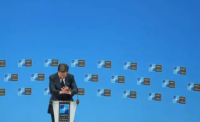 NATO Secretary General Mark Rutte speaks after a meeting of NATO defense ministers at NATO headquarters in Brussels, Thursday, June 18, 2026. (AP Photo/Virginia Mayo)