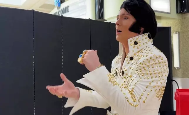 Tucker Gladden, 17, rehearses his rendition of "My Boy" by Elvis Presley before taking the stage at the Tupelo Elvis Festival's youth tribute artists competition on June 4, 2026, in Tupelo, Miss. (AP Photo/Sophie Bates)
