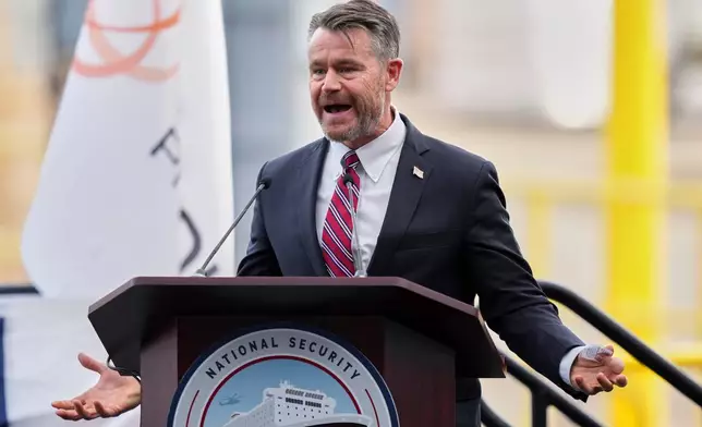 FILE - Sen. Todd Young, R-Ind., speaks at the Hanwha Philly Shipyard for a cristening ceremony Tuesday, Aug. 26, 2025, in Philadelphia. (AP Photo/Matt Slocum, File)